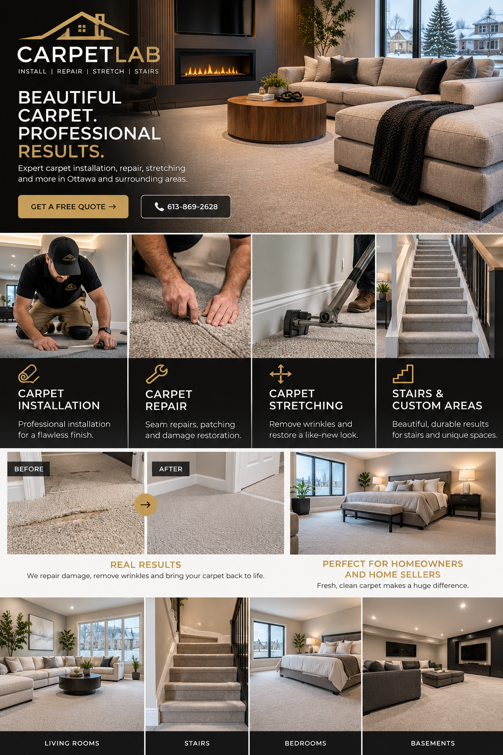 CarpetLab carpet installation, repair, stretching and stair services shown in modern homes